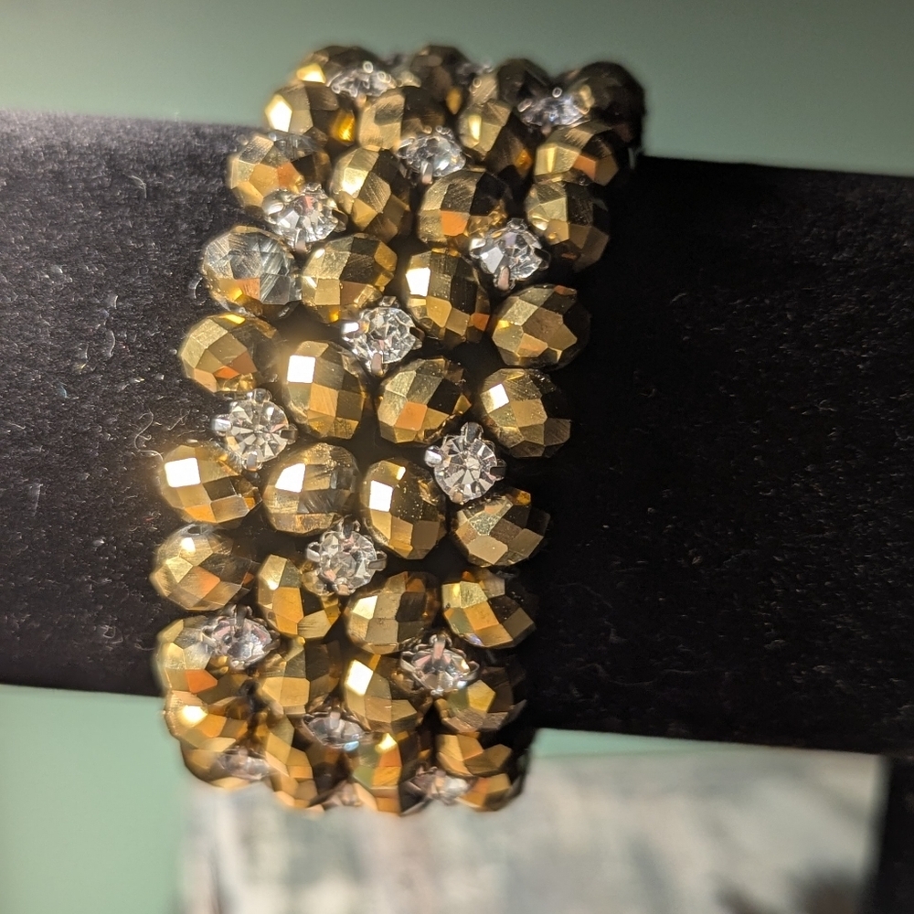 Vintage Goldtone Beads Clear Rhinestones Bracelet Glamour Bling